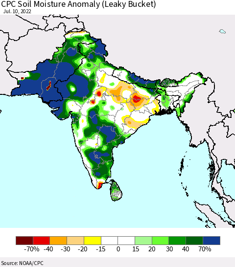 Southern Asia CPC Soil Moisture Anomaly (Leaky Bucket) Thematic Map For 7/6/2022 - 7/10/2022