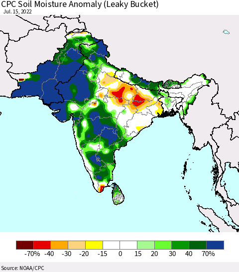 Southern Asia CPC Soil Moisture Anomaly (Leaky Bucket) Thematic Map For 7/11/2022 - 7/15/2022