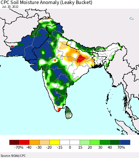 Southern Asia CPC Soil Moisture Anomaly (Leaky Bucket) Thematic Map For 7/16/2022 - 7/20/2022