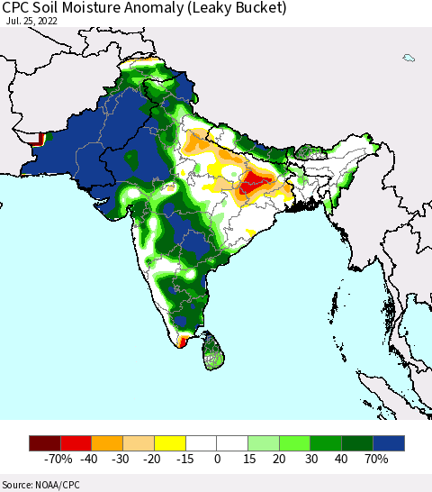 Southern Asia CPC Soil Moisture Anomaly (Leaky Bucket) Thematic Map For 7/21/2022 - 7/25/2022
