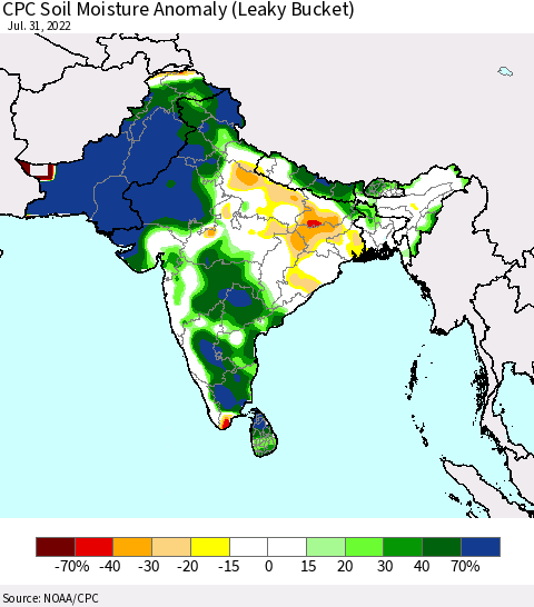 Southern Asia CPC Soil Moisture Anomaly (Leaky Bucket) Thematic Map For 7/26/2022 - 7/31/2022