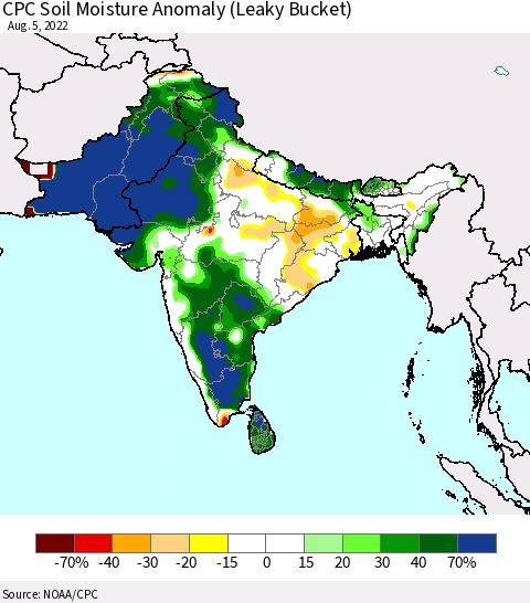 Southern Asia CPC Soil Moisture Anomaly (Leaky Bucket) Thematic Map For 8/1/2022 - 8/5/2022