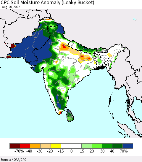 Southern Asia CPC Soil Moisture Anomaly (Leaky Bucket) Thematic Map For 8/16/2022 - 8/20/2022