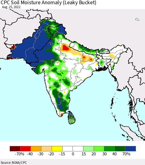 Southern Asia CPC Soil Moisture Anomaly (Leaky Bucket) Thematic Map For 8/21/2022 - 8/25/2022