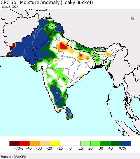 Southern Asia CPC Soil Moisture Anomaly (Leaky Bucket) Thematic Map For 9/1/2022 - 9/5/2022