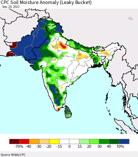 Southern Asia CPC Soil Moisture Anomaly (Leaky Bucket) Thematic Map For 9/16/2022 - 9/20/2022