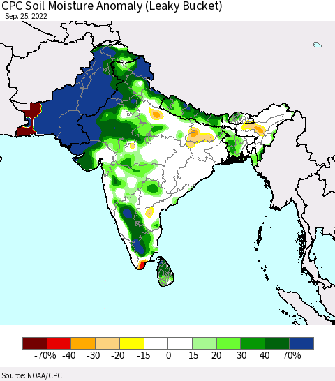 Southern Asia CPC Soil Moisture Anomaly (Leaky Bucket) Thematic Map For 9/21/2022 - 9/25/2022