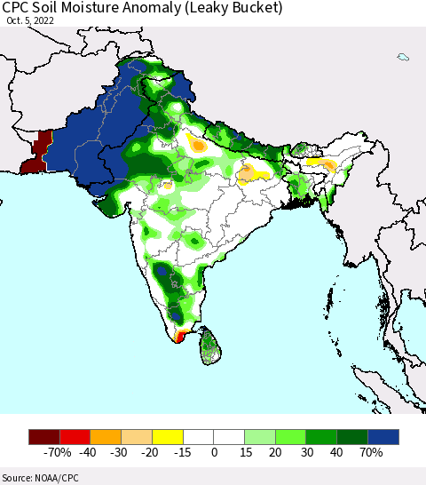 Southern Asia CPC Soil Moisture Anomaly (Leaky Bucket) Thematic Map For 10/1/2022 - 10/5/2022