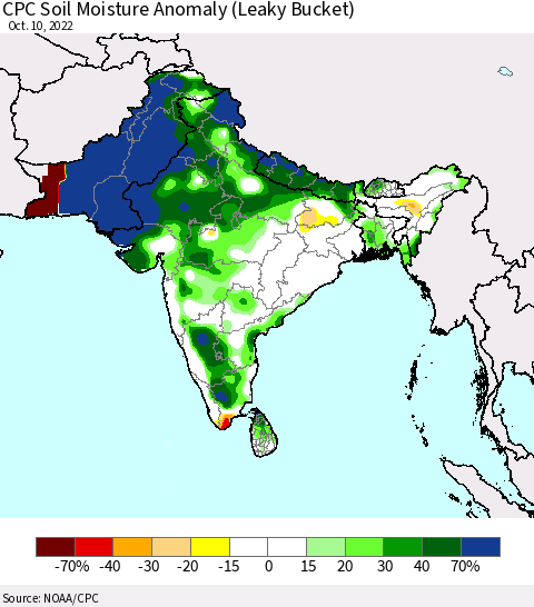 Southern Asia CPC Soil Moisture Anomaly (Leaky Bucket) Thematic Map For 10/6/2022 - 10/10/2022