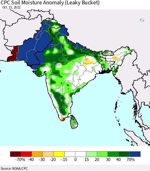 Southern Asia CPC Soil Moisture Anomaly (Leaky Bucket) Thematic Map For 10/11/2022 - 10/15/2022