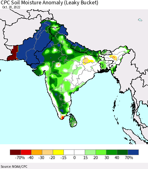 Southern Asia CPC Soil Moisture Anomaly (Leaky Bucket) Thematic Map For 10/16/2022 - 10/20/2022