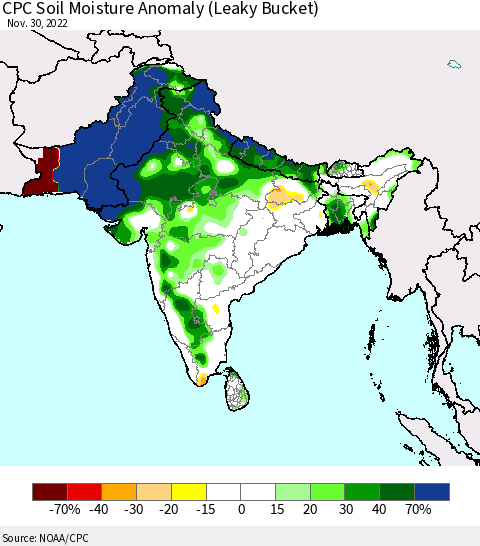 Southern Asia CPC Soil Moisture Anomaly (Leaky Bucket) Thematic Map For 11/26/2022 - 11/30/2022
