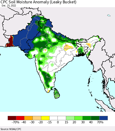 Southern Asia CPC Soil Moisture Anomaly (Leaky Bucket) Thematic Map For 12/21/2022 - 12/25/2022