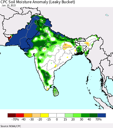 Southern Asia CPC Soil Moisture Anomaly (Leaky Bucket) Thematic Map For 1/6/2023 - 1/10/2023