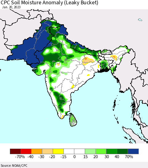 Southern Asia CPC Soil Moisture Anomaly (Leaky Bucket) Thematic Map For 1/16/2023 - 1/20/2023