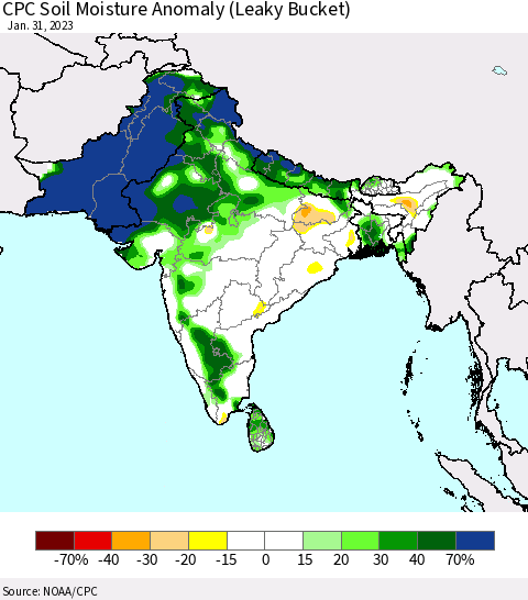 Southern Asia CPC Soil Moisture Anomaly (Leaky Bucket) Thematic Map For 1/26/2023 - 1/31/2023