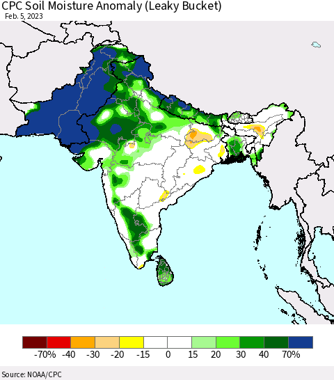 Southern Asia CPC Soil Moisture Anomaly (Leaky Bucket) Thematic Map For 2/1/2023 - 2/5/2023