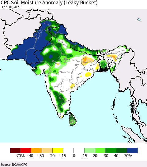 Southern Asia CPC Soil Moisture Anomaly (Leaky Bucket) Thematic Map For 2/6/2023 - 2/10/2023