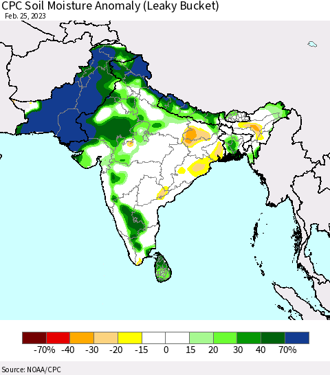Southern Asia CPC Soil Moisture Anomaly (Leaky Bucket) Thematic Map For 2/21/2023 - 2/25/2023