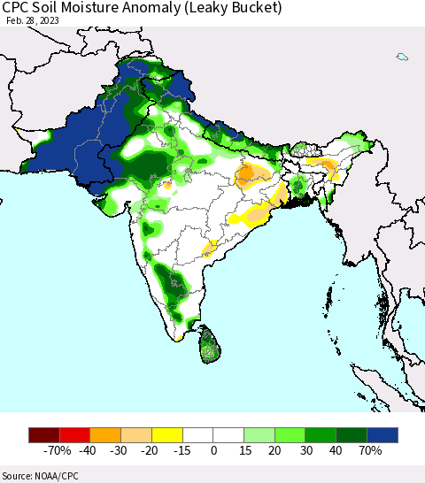 Southern Asia CPC Soil Moisture Anomaly (Leaky Bucket) Thematic Map For 2/26/2023 - 2/28/2023