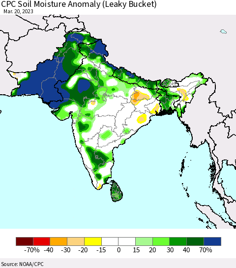 Southern Asia CPC Soil Moisture Anomaly (Leaky Bucket) Thematic Map For 3/16/2023 - 3/20/2023