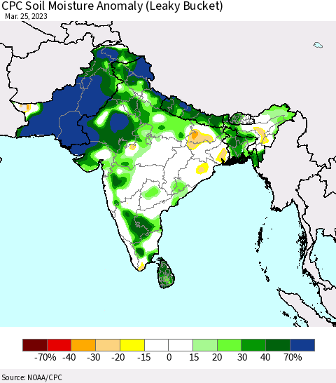 Southern Asia CPC Soil Moisture Anomaly (Leaky Bucket) Thematic Map For 3/21/2023 - 3/25/2023