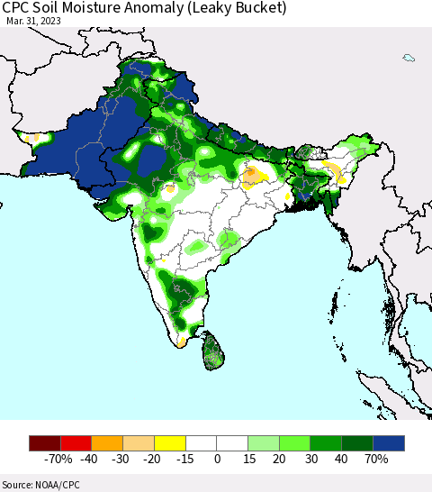 Southern Asia CPC Soil Moisture Anomaly (Leaky Bucket) Thematic Map For 3/26/2023 - 3/31/2023