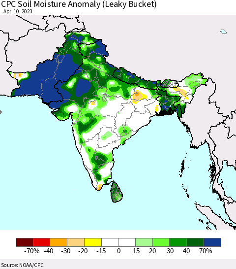 Southern Asia CPC Soil Moisture Anomaly (Leaky Bucket) Thematic Map For 4/6/2023 - 4/10/2023