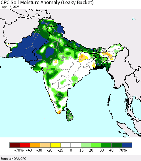 Southern Asia CPC Soil Moisture Anomaly (Leaky Bucket) Thematic Map For 4/11/2023 - 4/15/2023