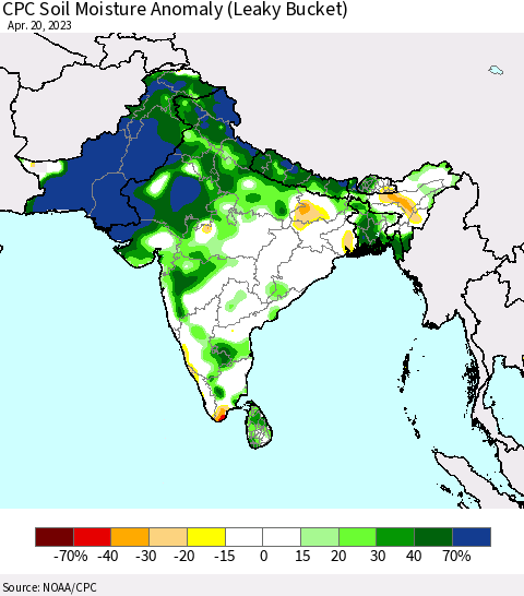 Southern Asia CPC Soil Moisture Anomaly (Leaky Bucket) Thematic Map For 4/16/2023 - 4/20/2023