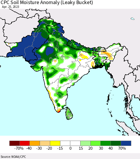 Southern Asia CPC Soil Moisture Anomaly (Leaky Bucket) Thematic Map For 4/21/2023 - 4/25/2023