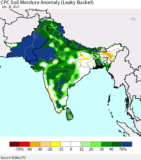 Southern Asia CPC Soil Moisture Anomaly (Leaky Bucket) Thematic Map For 4/26/2023 - 4/30/2023