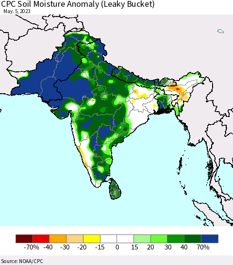 Southern Asia CPC Soil Moisture Anomaly (Leaky Bucket) Thematic Map For 5/1/2023 - 5/5/2023