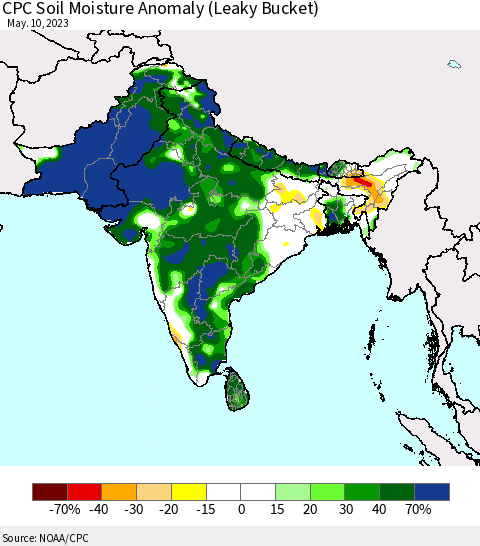 Southern Asia CPC Soil Moisture Anomaly (Leaky Bucket) Thematic Map For 5/6/2023 - 5/10/2023