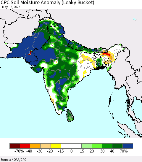 Southern Asia CPC Soil Moisture Anomaly (Leaky Bucket) Thematic Map For 5/11/2023 - 5/15/2023