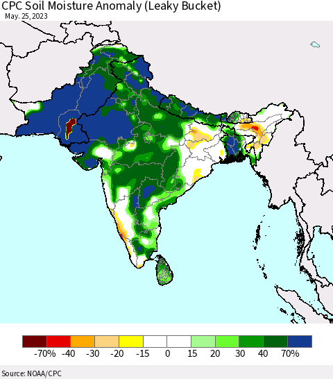 Southern Asia CPC Soil Moisture Anomaly (Leaky Bucket) Thematic Map For 5/21/2023 - 5/25/2023