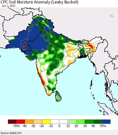 Southern Asia CPC Soil Moisture Anomaly (Leaky Bucket) Thematic Map For 6/1/2023 - 6/5/2023