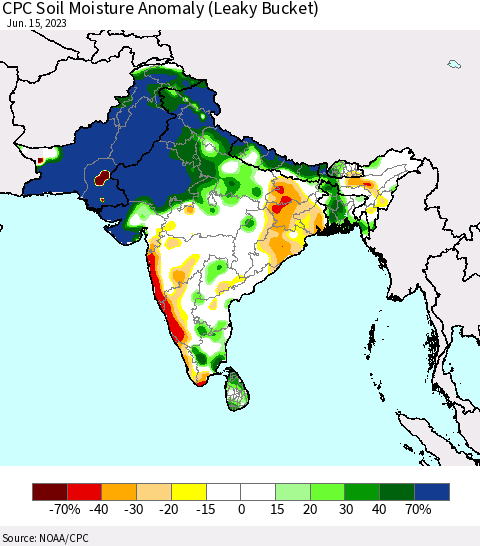 Southern Asia CPC Soil Moisture Anomaly (Leaky Bucket) Thematic Map For 6/11/2023 - 6/15/2023