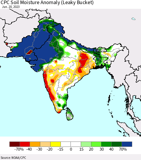 Southern Asia CPC Soil Moisture Anomaly (Leaky Bucket) Thematic Map For 6/16/2023 - 6/20/2023