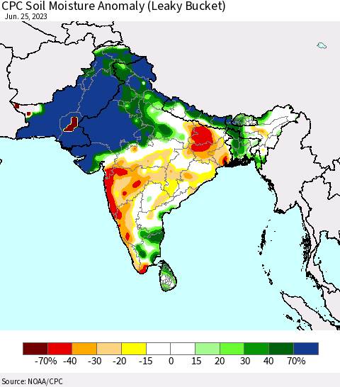 Southern Asia CPC Soil Moisture Anomaly (Leaky Bucket) Thematic Map For 6/21/2023 - 6/25/2023