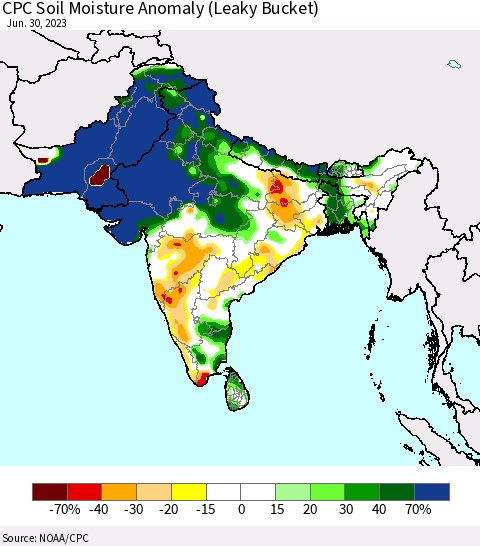 Southern Asia CPC Soil Moisture Anomaly (Leaky Bucket) Thematic Map For 6/26/2023 - 6/30/2023