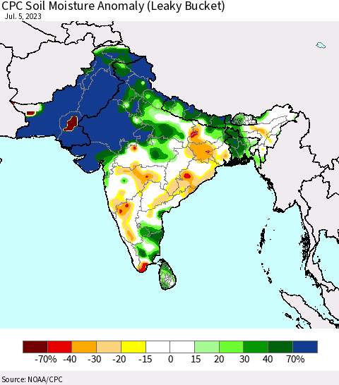 Southern Asia CPC Soil Moisture Anomaly (Leaky Bucket) Thematic Map For 7/1/2023 - 7/5/2023
