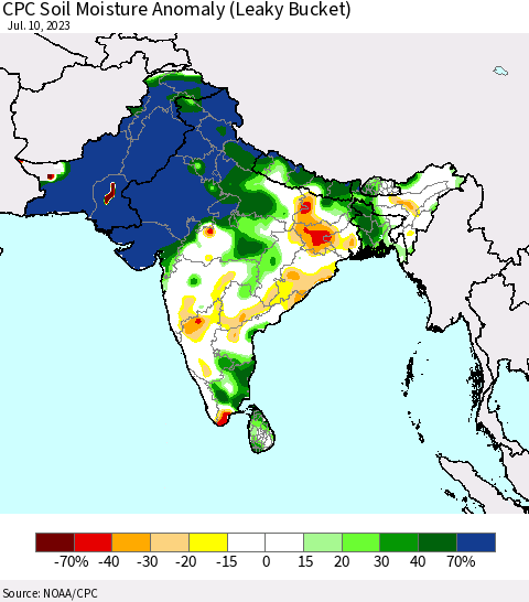 Southern Asia CPC Soil Moisture Anomaly (Leaky Bucket) Thematic Map For 7/6/2023 - 7/10/2023