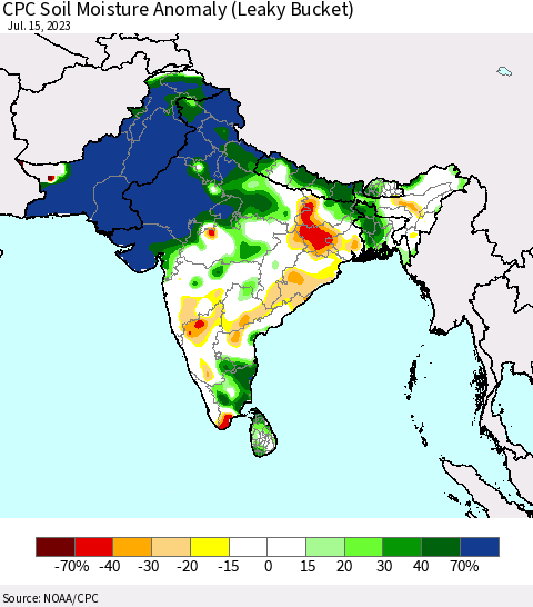 Southern Asia CPC Soil Moisture Anomaly (Leaky Bucket) Thematic Map For 7/11/2023 - 7/15/2023