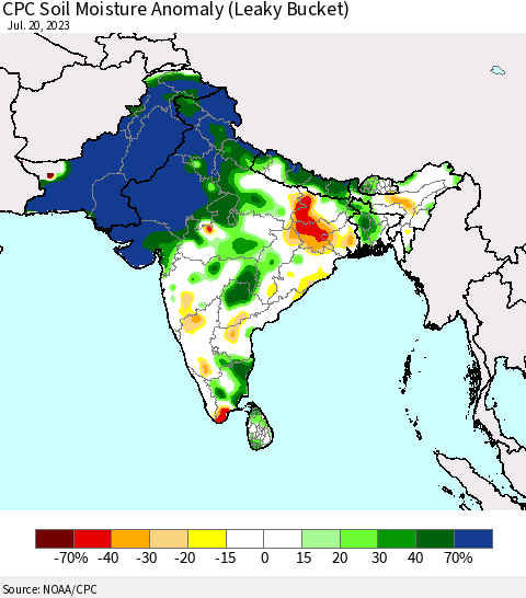 Southern Asia CPC Soil Moisture Anomaly (Leaky Bucket) Thematic Map For 7/16/2023 - 7/20/2023