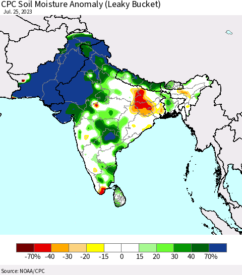 Southern Asia CPC Soil Moisture Anomaly (Leaky Bucket) Thematic Map For 7/21/2023 - 7/25/2023