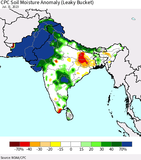 Southern Asia CPC Soil Moisture Anomaly (Leaky Bucket) Thematic Map For 7/26/2023 - 7/31/2023