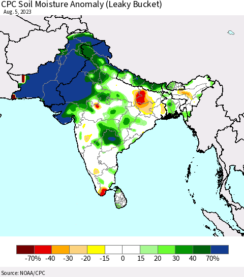 Southern Asia CPC Soil Moisture Anomaly (Leaky Bucket) Thematic Map For 8/1/2023 - 8/5/2023