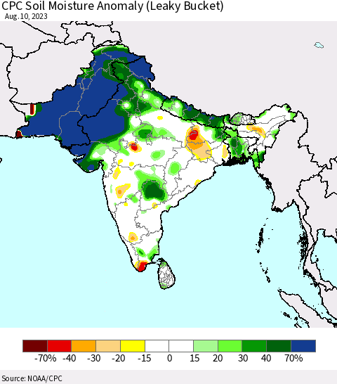 Southern Asia CPC Soil Moisture Anomaly (Leaky Bucket) Thematic Map For 8/6/2023 - 8/10/2023