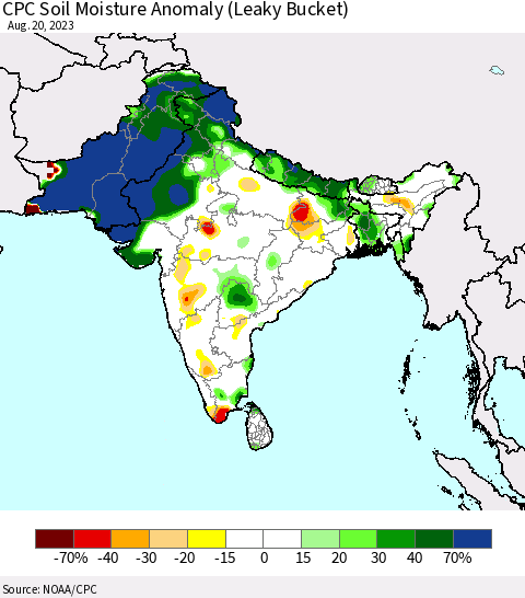 Southern Asia CPC Soil Moisture Anomaly (Leaky Bucket) Thematic Map For 8/16/2023 - 8/20/2023